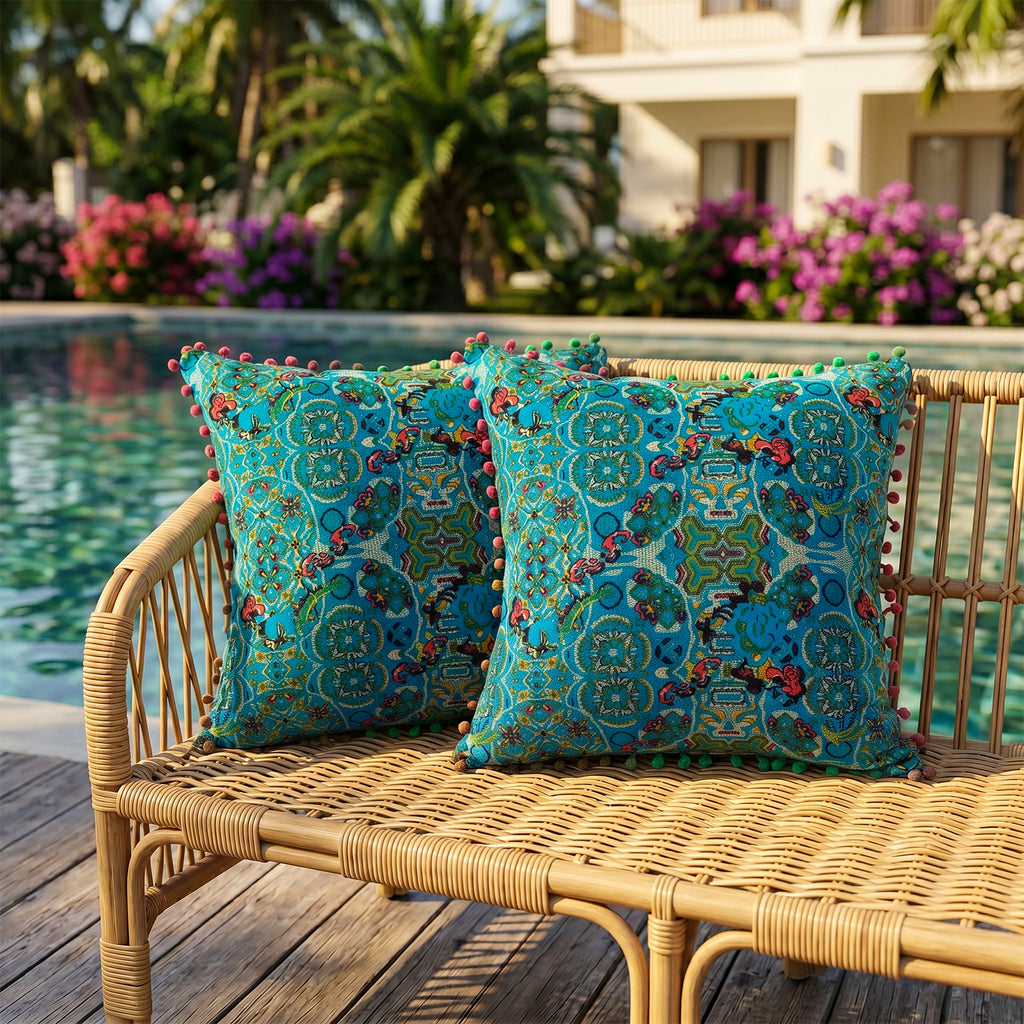 2-Pack Turkish Moroccan Throw Pillows with Inserts Reversible Floral Boho Decorative Pillow 18x18 Inch Polyester Square Cushion Zip Cover for Sofa Couch Bedroom Living Room 7 Colors