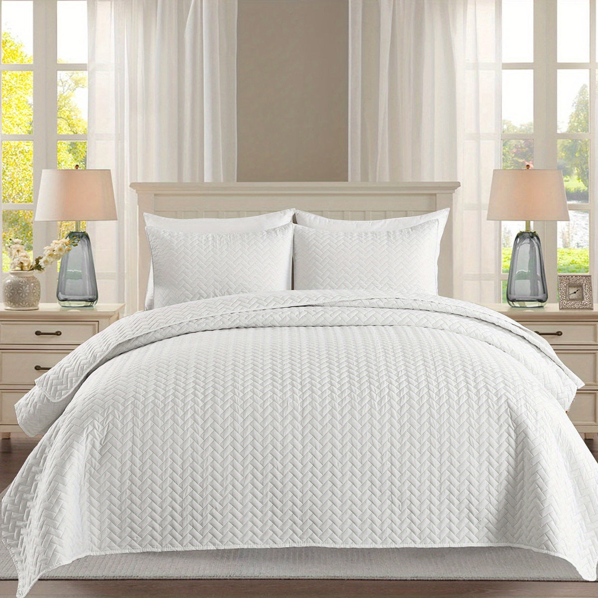 Patchwork Quilt Set 3-Piece Boho Reversible Coverlet Queen King Size Soft Lightweight Bedspread with 2 Pillow Shams All-Season Floral Stripes Bedroom Decor
