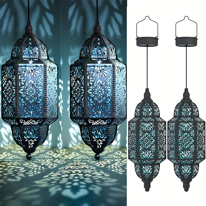 Solar Moroccan Lanterns Outdoor Set of 2 – Multicolor IP54 Waterproof Hanging Lights with Cut-Out Design for Garden, Patio, Pathway & Halloween Decor, Auto Dusk-to-Dawn Sensing