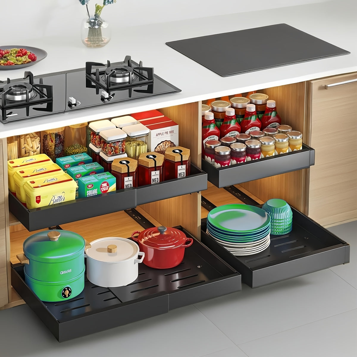 Sliding Cabinet Organizer Set of 4 – Carbon Steel Pull-Out Drawer Baskets with Expandable No-Drill Rolling Shelves for Kitchen Cabinet, Under-Sink Storage, Pantry & Refrigerator Shelf Organizer