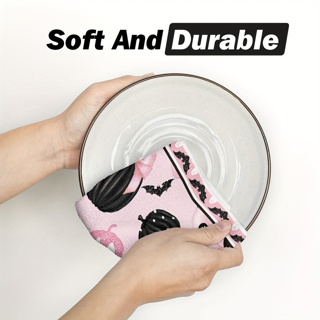 Halloween Kitchen Dish Towels Set of 4 - 18x26 Inch Black and Pink Pumpkin Ghost Design Kitchen Towels for Halloween Home and Kitchen Decoration - Festive Trick or Treat Towel Gift Set