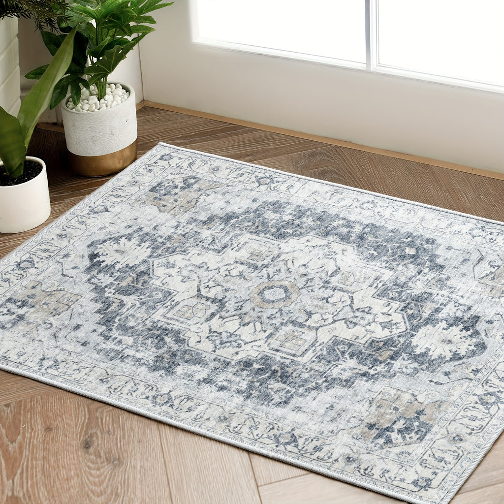Washable Vintage Area Rug - Chenille Retro Distressed Multi-Print Foldable Lightweight Accent Rug for Entryway Bathroom Kitchen Living Room and Bedroom