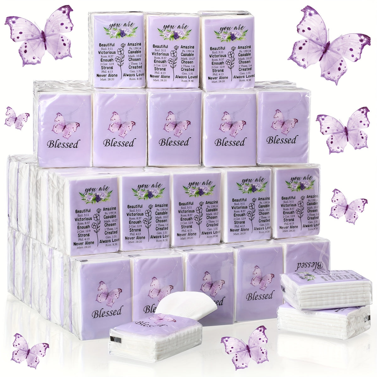 Blessed Pocket Tissues 100 Pack – 3-Ply Individually Wrapped Travel Tissues, Purple Butterfly Lavender Design for Weddings, Graduation & Events