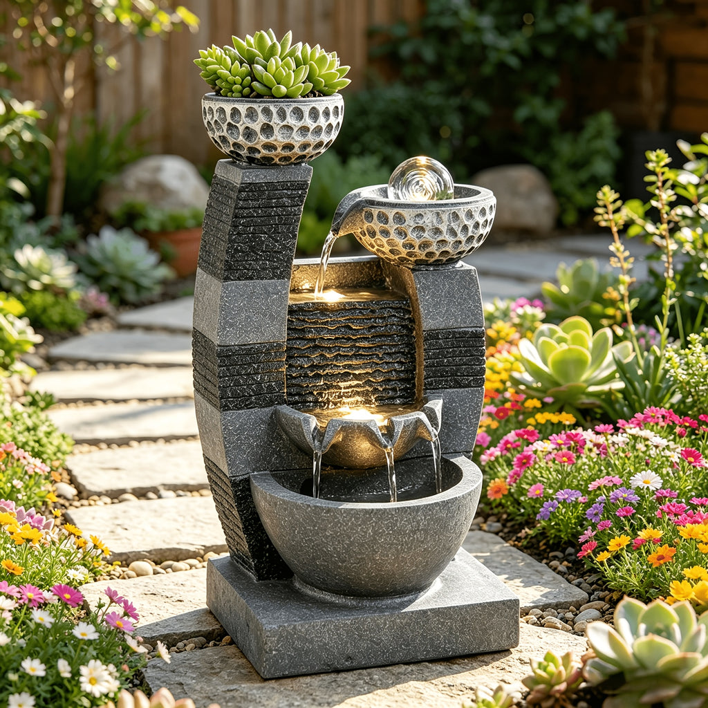 Indoor Tabletop Water Fountain with LED Lights & Crystal Ball – Tiered Bowls Cascading Water Feature with Flower Pot for Home Office Meditation Relaxation, Dark Gray, 7.9"L x 6.7"W x 15.8"H