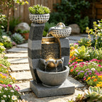 Indoor Tabletop Water Fountain with LED Lights & Crystal Ball – Tiered Bowls Cascading Water Feature with Flower Pot for Home Office Meditation Relaxation, Dark Gray, 7.9"L x 6.7"W x 15.8"H