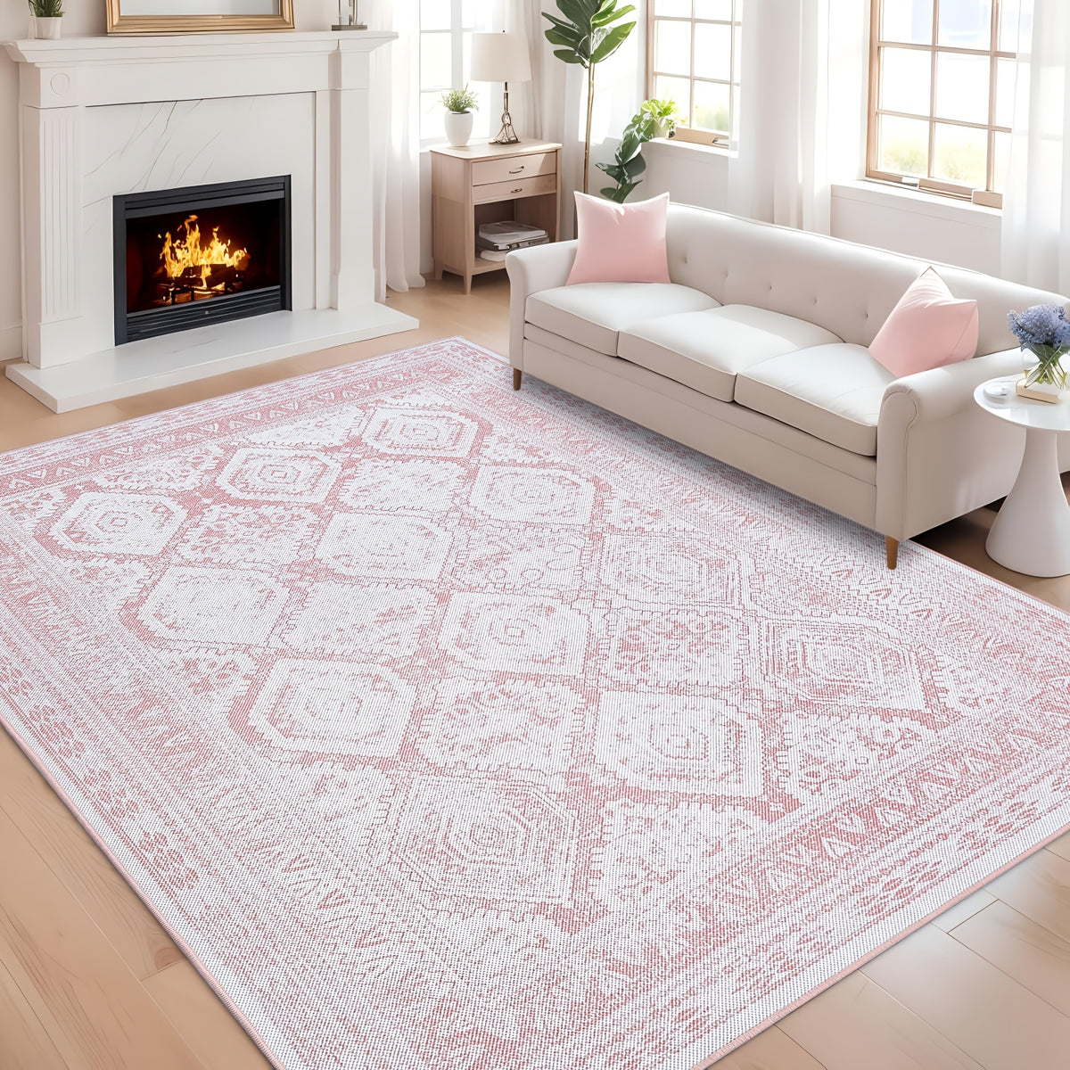 Vintage Retro Area Rug Pink Machine Washable Non-Slip Low Pile for Living Room, Bedroom & Dining – Lightweight Indoor Carpet, 4 Sizes