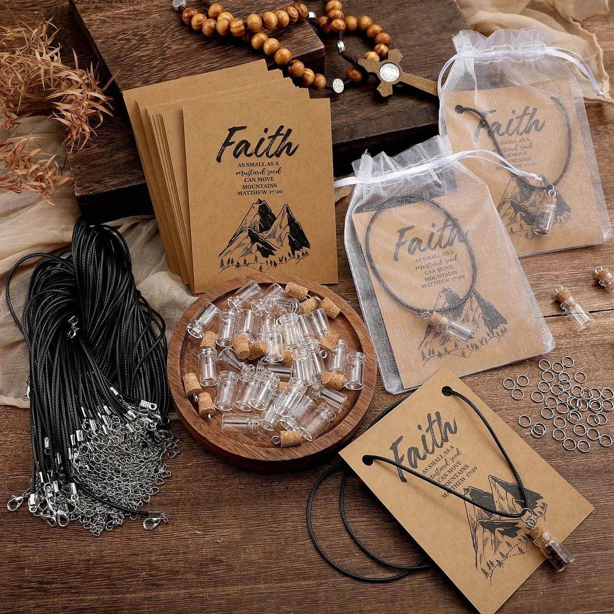 Mustard Seed Faith Necklace Craft Kit 50 Sets – DIY Christian Gift for Women with Mini Glass Jars & Faith Cards, Classical Style, Without Seeds