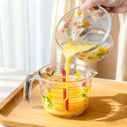 Lidded Floral Glass Measuring Cup Set – Heat-Resistant, Microwave-Safe, BPA-Free with Handle & Clear Markings for Baking & Cooking
