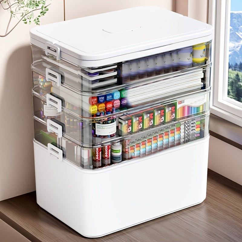 Multilayer Storage Box Large Capacity Transparent Portable Organizer with Handle and Detachable Lid Compartment for Medicine Home Travel Office Sewing Art Supplies 3 or 5 Tier