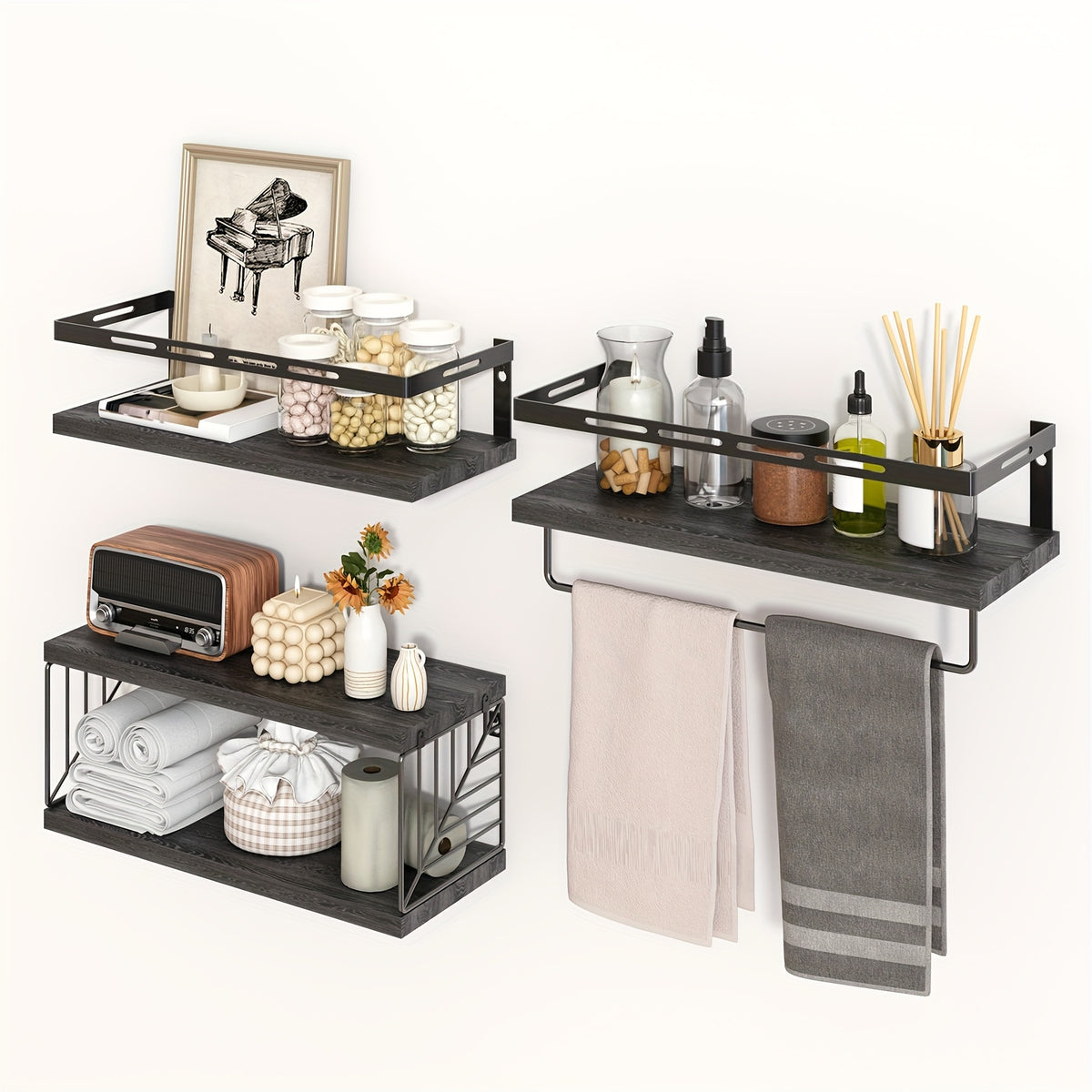 Wall Mounted Shelf 3+1 Tier with Black Metal Guardrails and Storage Baskets Space Saving Floating Shelves for Kitchen Bathroom Bedroom Living Room Home Decor