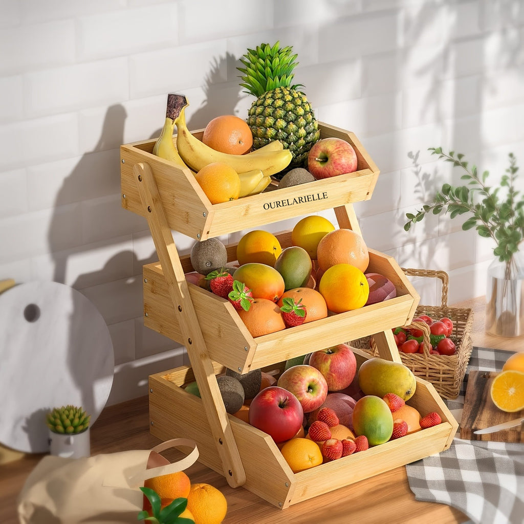 3 Tier Bamboo Fruit Basket Rack Large Capacity Countertop Kitchen Storage for Fruits Vegetables & Bread – Natural Wood Ventilated Design