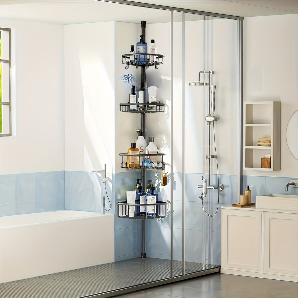 4-Tier Corner Shower Storage Rack No-Drill Telescopic Floor Standing Organizer – Rust-Resistant Stainless Steel, Adjustable 47–121 Inch, Bathtub Shampoo Shelf in Black