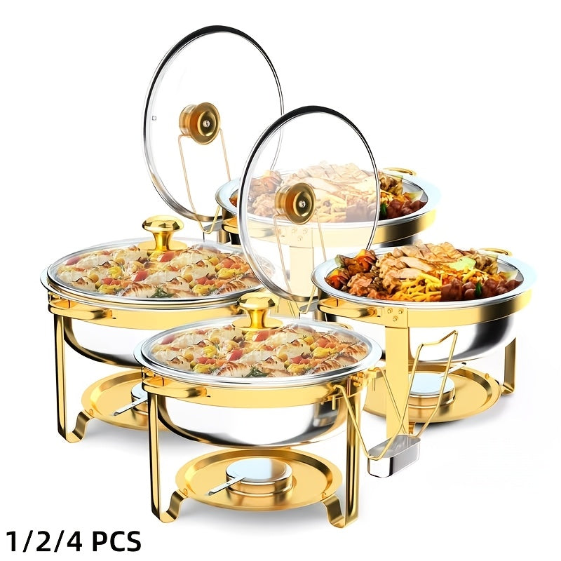 Stainless Steel Chafing Dish Buffet Set 5QT Round - Premium Food Warmer Server with Dome Lid for Parties, Banquets, Weddings & Catering, Available in 1, 2 & 4 Pack Golden Finish