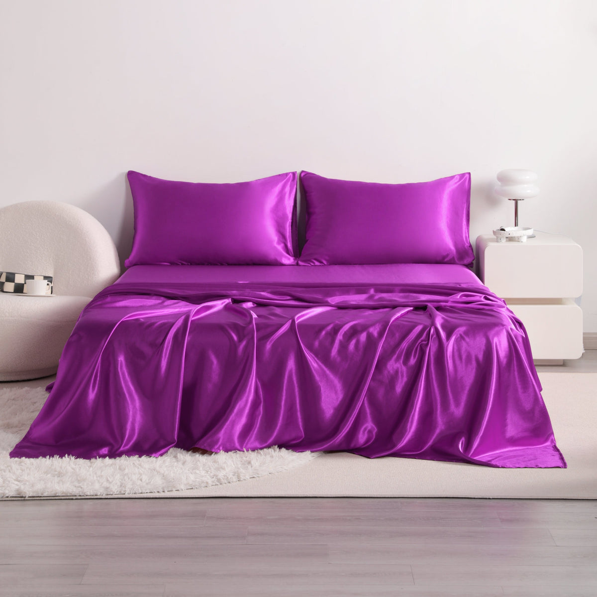 Cooling Satin Bed Sheet Set 4-Piece – Hypoallergenic Breathable Deep Pocket Flat & Fitted Sheet with Pillowcases, 300 GSM, 15 Colors, Twin to Cal King