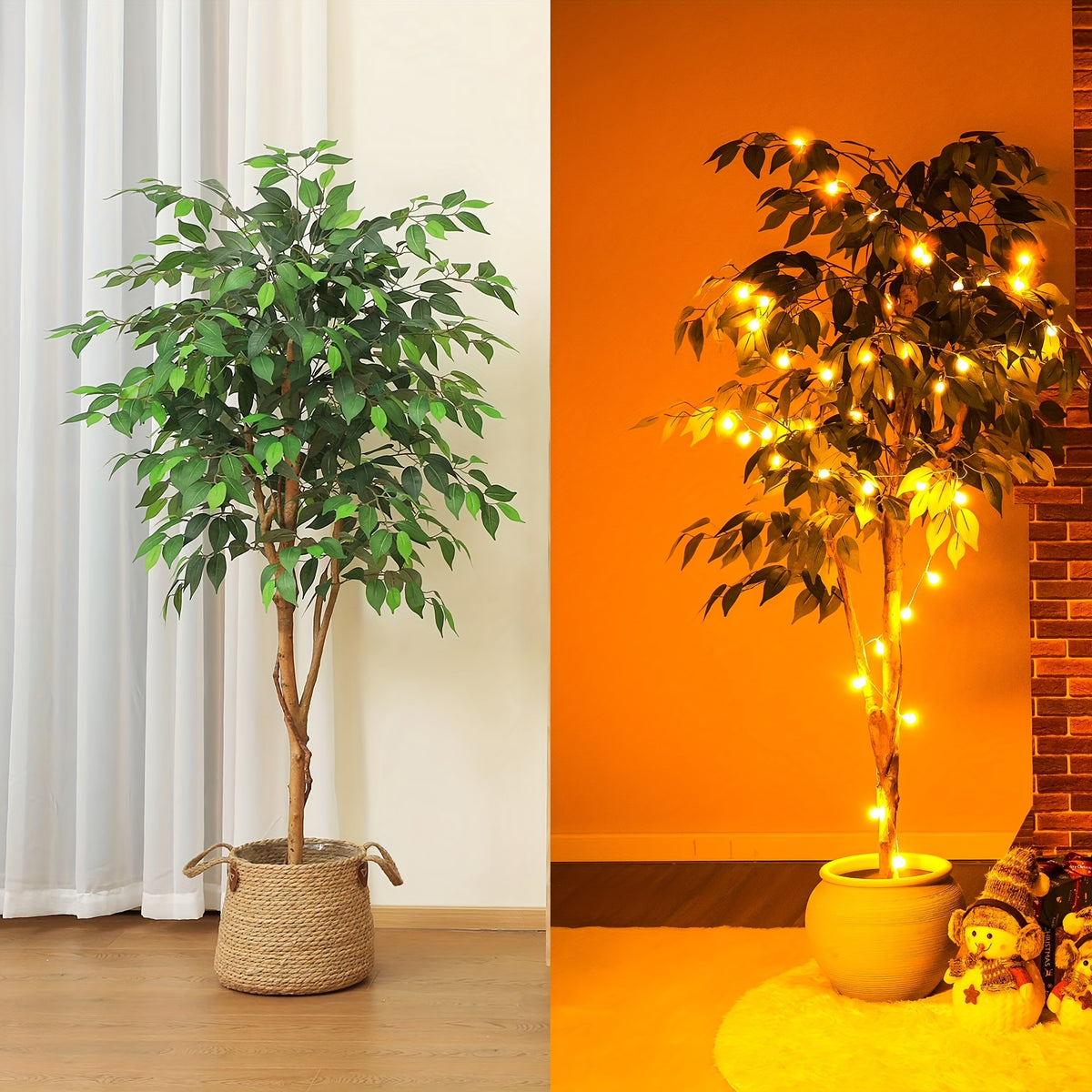 Artificial Ficus Tree 4ft 5ft 7ft Tall – Faux Greenery Potted Plant with Natural Wood Trunk, Lifelike Silk Leaves, Maintenance-Free Elegant Decor for Indoor Outdoor Living Room Bedroom Office