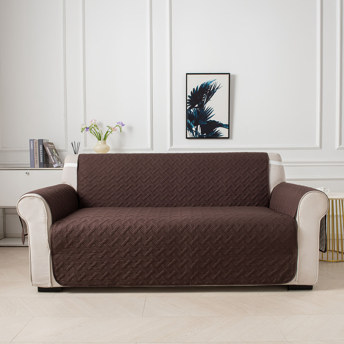Sofa Cushion Cover with Storage Pocket – Pet-Proof Non-Slip Multi-Function Sofa Protector, All-Season Machine Washable, 1/2/3-Seater, Navy Coffee Off-White Dark Gray
