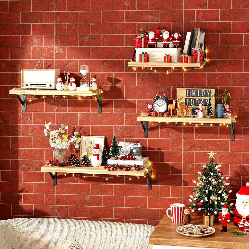 Mixed Size Farmhouse Floating Wall Shelves Set of 4 - Natural Wood Wall Mounted Shelf with Triangle Metal Brackets for Bedroom, Bathroom, Living Room & Kitchen Storage Decor