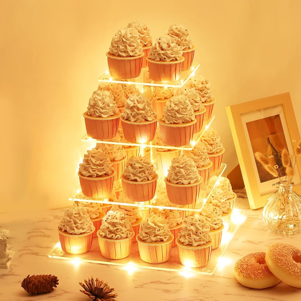 4-Tier Square Acrylic Cupcake Stand with LED Light Strip Holds 52 Cupcakes Dessert Display Tower for Weddings Birthdays Christmas Parties Graduations