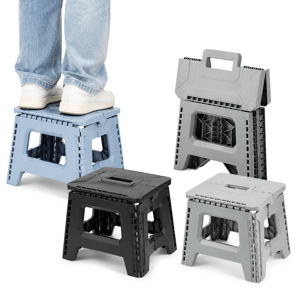 Heavy-Duty Portable Folding Stool 330 LBS Capacity – Compact Square Plastic Step Stool for Camping, Fishing, Picnic, Indoor & Outdoor Use (Black, Grey, Blue)