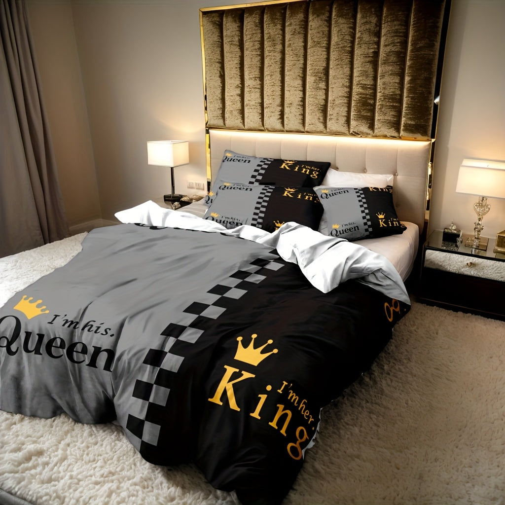 Valentine's Day Duvet Cover Set 3pcs – Crown Queen & King Print Soft Breathable Polyester Bedding, Machine Washable, Includes Duvet Cover & 2 Pillow Covers, Romantic Gift for Couples