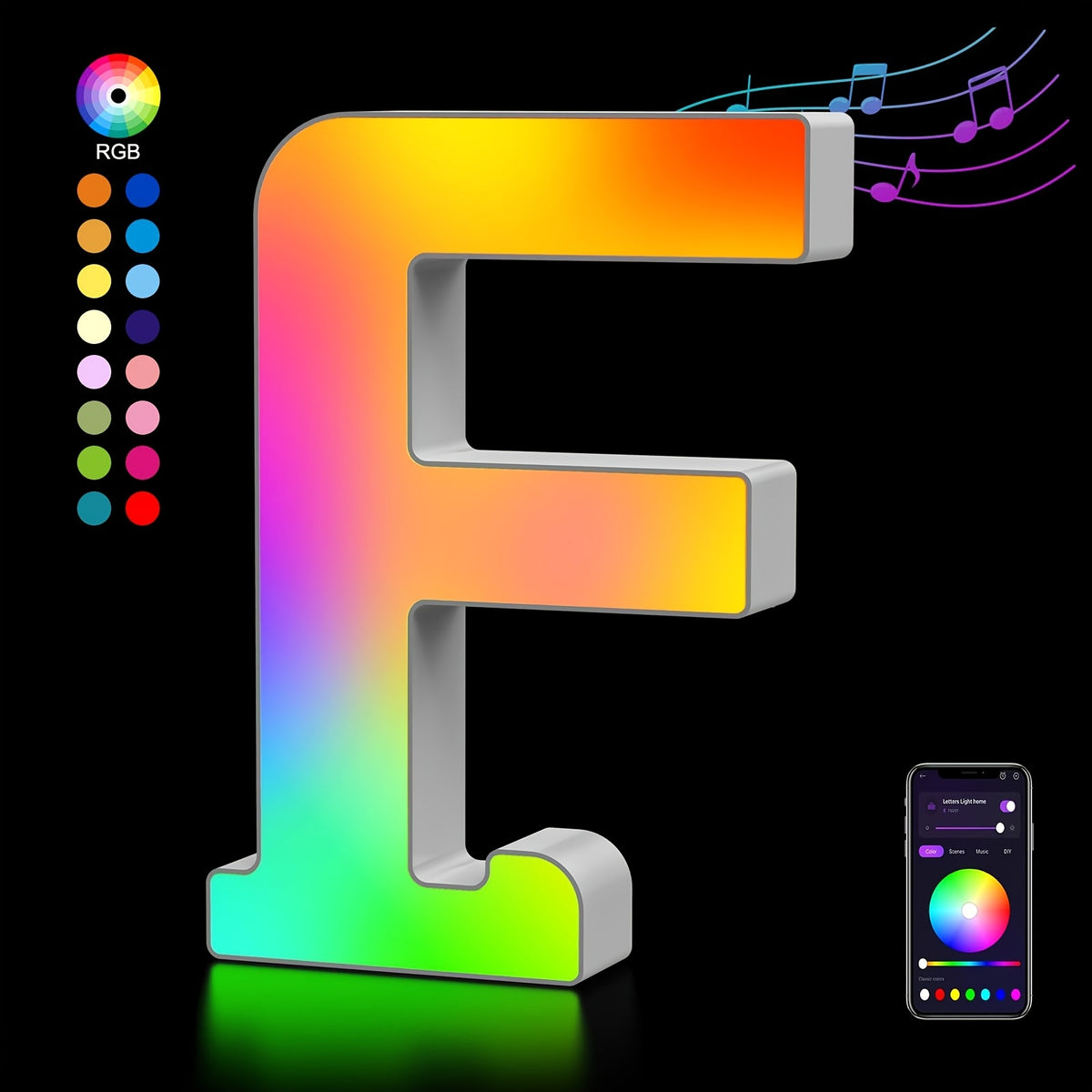 LED Alphabet Letter Lights with Music Sync, Colorful Flashing Marquee Letters for Bedroom, Party, Game Day & Festival Decor
