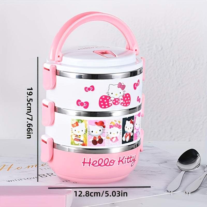 Hello Kitty Stainless Steel Lunch Box Bento Box for Girls - Officially Licensed Sanrio Cute Pink 2-Tier & 3-Layer Portable Lunch Container for School Picnic Kids Women, Food-Safe 304 Steel