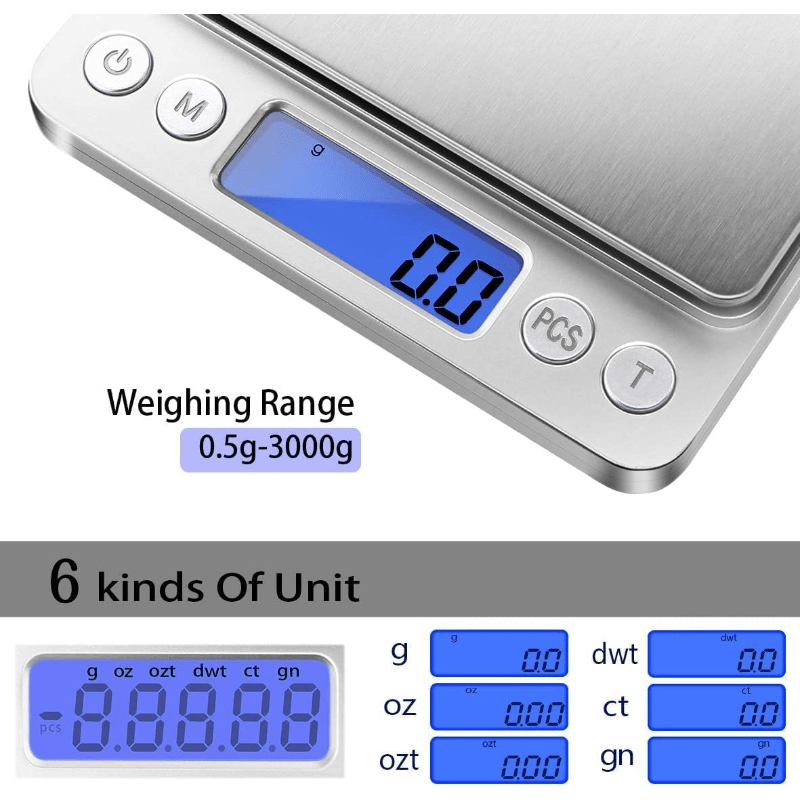 Digital Kitchen Scale 3000g 0.1g Accuracy - Pocket Food Scale with 6 Measurement Modes LCD Display and Tare Function - Compact Nutrition Scale for Cooking Baking Coffee and Meal Prep