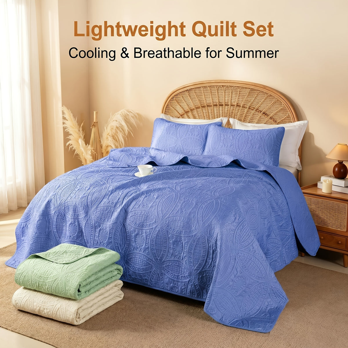 Quilted Bedspread Set Lightweight Cooling Coverlet with Pillow Shams Twin Queen King Soft Breathable Summer Bedding Set Machine Washable
