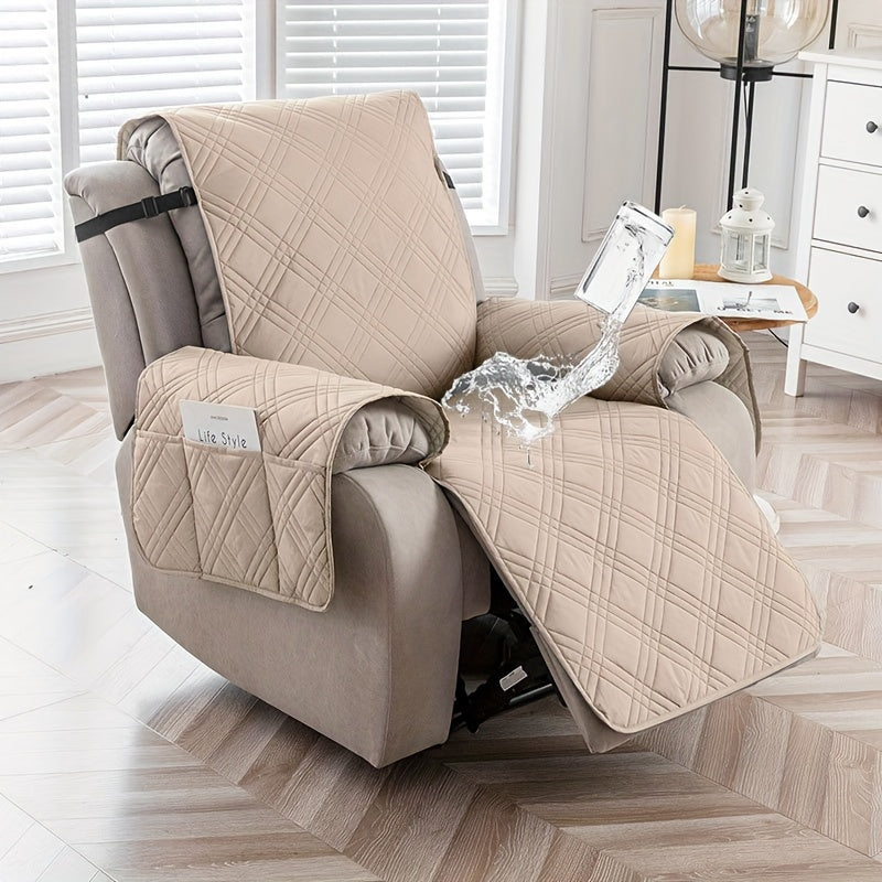 Quilted Recliner Chair Cover with Pocket Non-Slip Hook Loop Closure - 100% Polyester Washable Reclining Chair Slipcover Furniture Protector for Pets Dogs Cats, Easy Install, 9 Colors