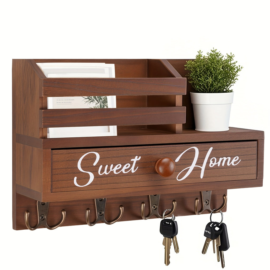 8-Hook Wall-Mounted Key & Mail Holder with Storage Drawer – Rustic Wood Entryway Organizer for Kitchen, Mudroom & Office, Adhesive Paintable Hooks, Space-Saving Easy Install