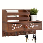 8-Hook Wall-Mounted Key & Mail Holder with Storage Drawer – Rustic Wood Entryway Organizer for Kitchen, Mudroom & Office, Adhesive Paintable Hooks, Space-Saving Easy Install