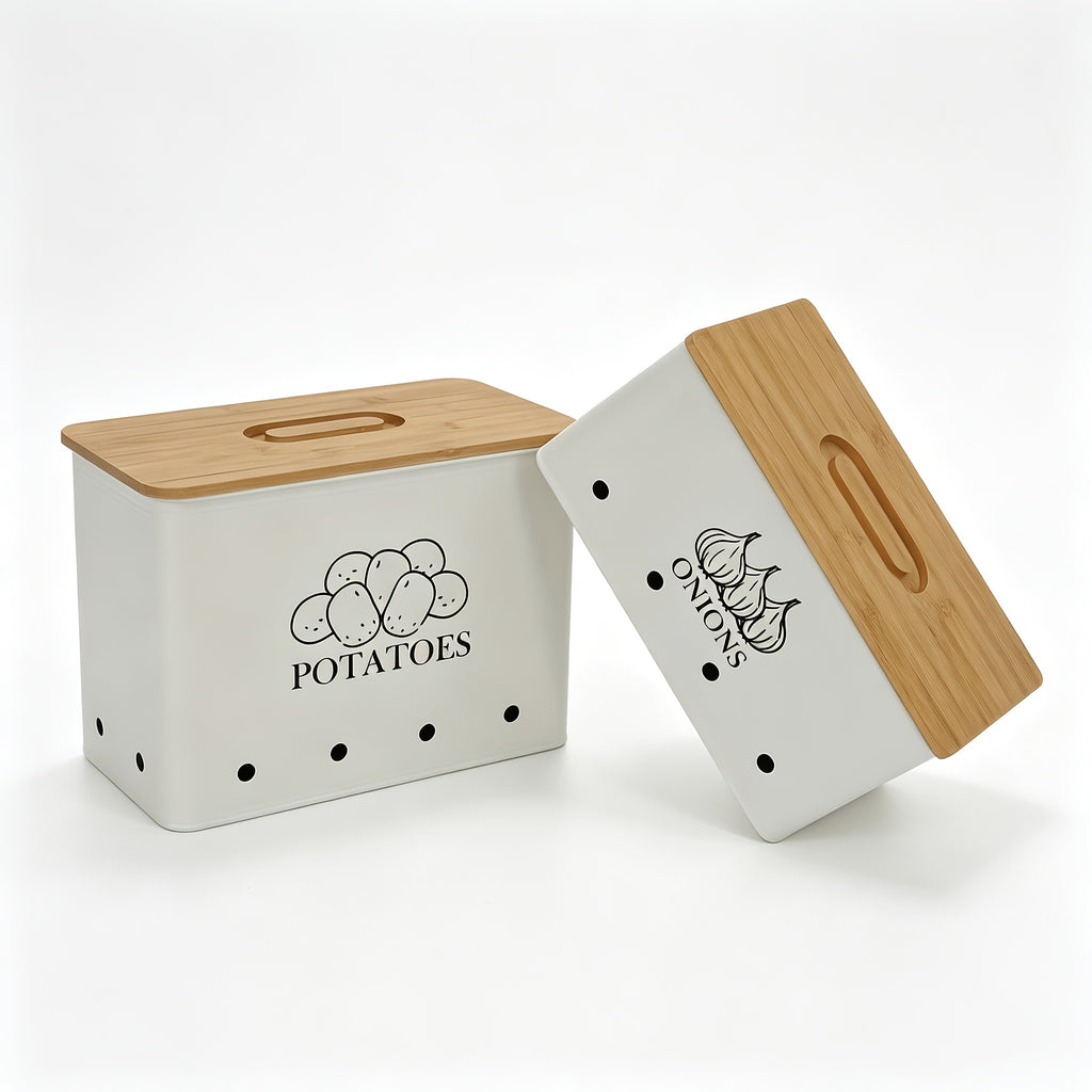 Potato and Onion Storage Bin 2-Pack Large Metal Kitchen Canisters with Bamboo Lid Flip Top for Vegetable Pantry Organization – Green Grey Black White