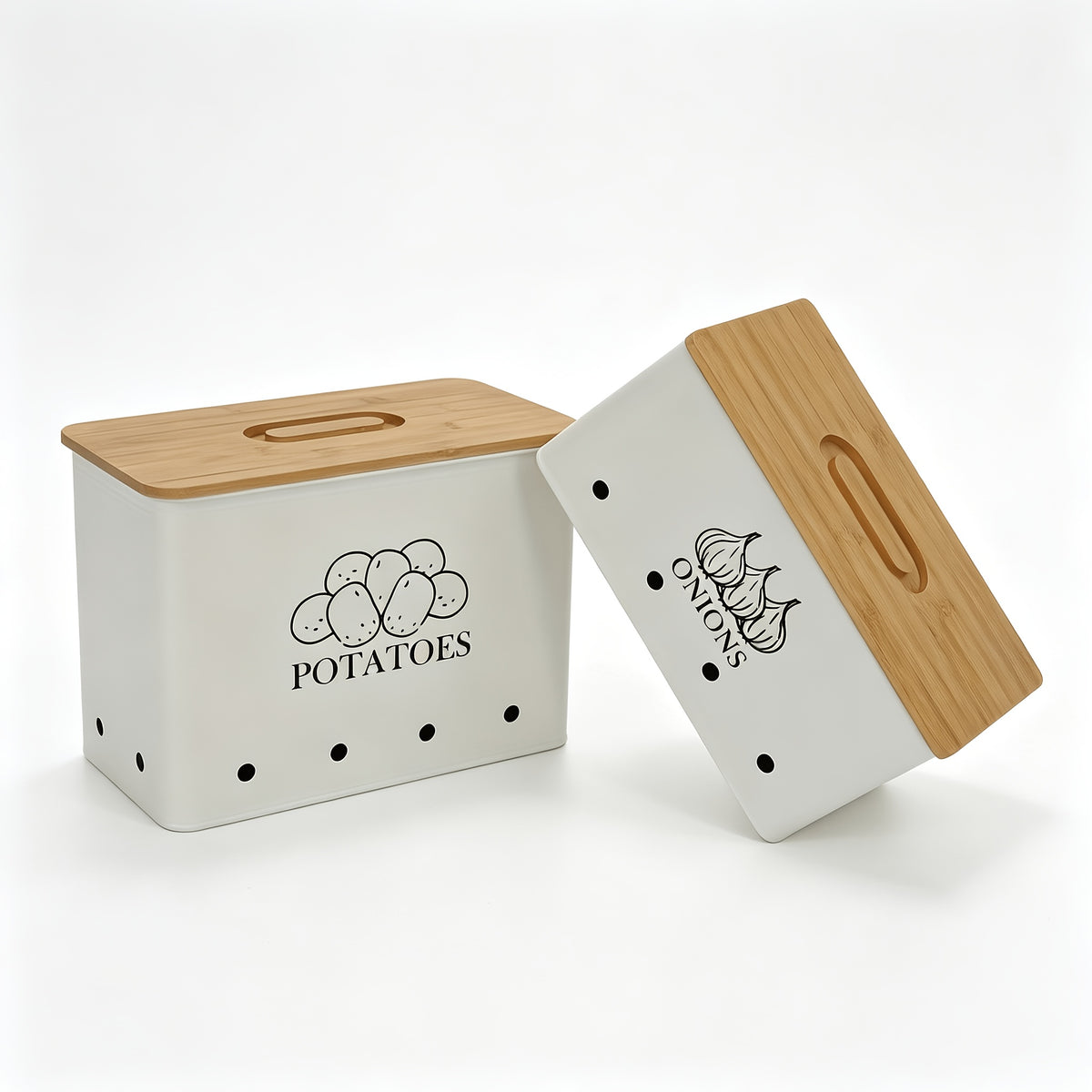 Potato and Onion Storage Bin 2-Pack Large Metal Kitchen Canisters with Bamboo Lid Flip Top for Vegetable Pantry Organization – Green Grey Black White