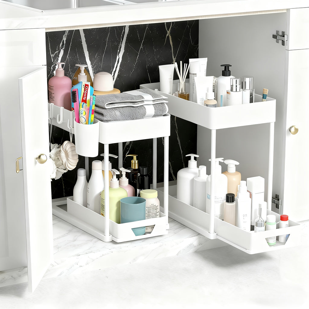 Bathroom Shelves Set of 2 – Punch-Free Retractable 2-Tier Storage Rack with Hooks & Hanging Cups for Bathroom, Kitchen & Laundry