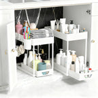 Bathroom Shelves Set of 2 – Punch-Free Retractable 2-Tier Storage Rack with Hooks & Hanging Cups for Bathroom, Kitchen & Laundry