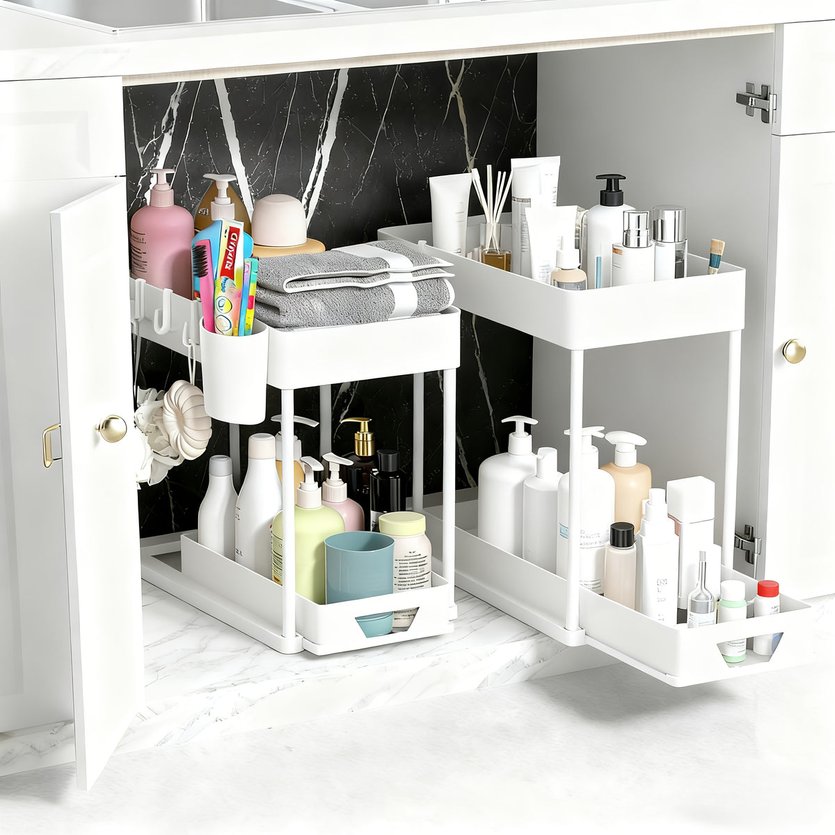 Bathroom Shelves Set of 2 – Punch-Free Retractable 2-Tier Storage Rack with Hooks & Hanging Cups for Bathroom, Kitchen & Laundry