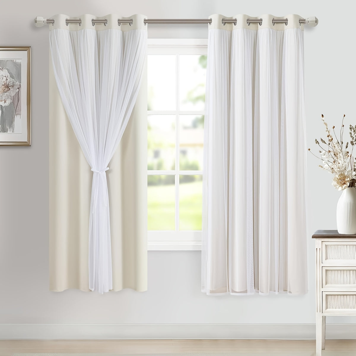 Double Layer Blackout Curtains with Sheer Overlay 2 Panels - Grommet Top Thermal Insulated Mix & Match Window Drapes with Tiebacks for Bedroom Living Room, All Season