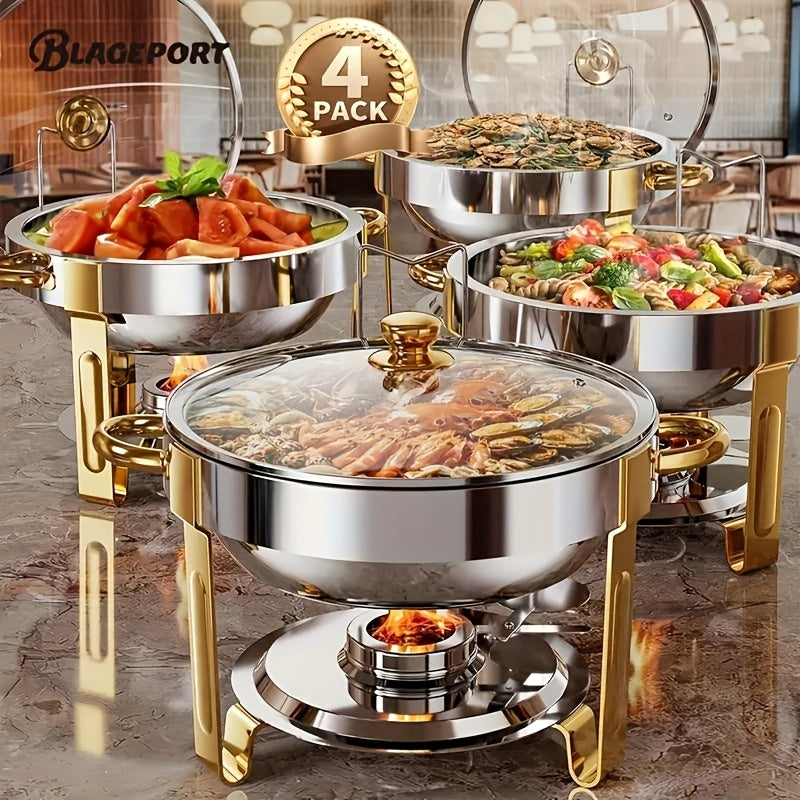 Stainless Steel Buffet Hot Pot Food Warmer Set with Glass Lid & Lid Rack, 5QT Round Chafing Dish for Party Catering Wedding – 1, 2 or 4 Pcs