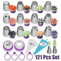 Russian Piping Tips Set 121PCS with 12 Flower Nozzles, Leaf Tips, Couplers & 100 Piping Bags – Complete Cake Decorating Kit for Cupcakes, Cookies & Holiday Baking, Beginner-Friendly Metal Icing Tips
