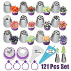 Russian Piping Tips Set 121PCS with 12 Flower Nozzles, Leaf Tips, Couplers & 100 Piping Bags – Complete Cake Decorating Kit for Cupcakes, Cookies & Holiday Baking, Beginner-Friendly Metal Icing Tips