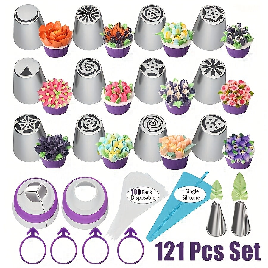 Russian Piping Tips Set 121PCS with 12 Flower Nozzles, Leaf Tips, Couplers & 100 Piping Bags – Complete Cake Decorating Kit for Cupcakes, Cookies & Holiday Baking, Beginner-Friendly Metal Icing Tips