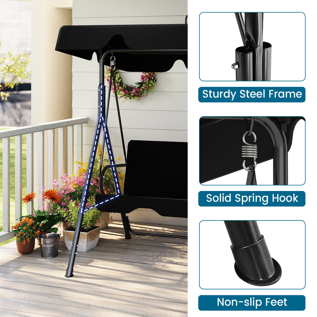 Outdoor Porch Glider Swing with Canopy Rust Proof Heavy Duty Steel Frame Adjustable Canopy Patio Furniture Garden Lawn Backyard Black Beige Brown Red Green