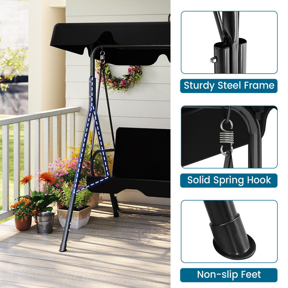 Outdoor Porch Glider Swing with Canopy Rust Proof Heavy Duty Steel Frame Adjustable Canopy Patio Furniture Garden Lawn Backyard Black Beige Brown Red Green