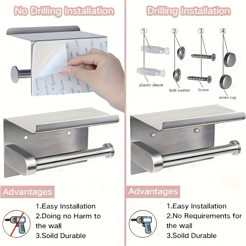 Self-Adhesive Toilet Paper Holder with Phone Stand - No-Drill Stainless Steel Wall Mount Bathroom Tissue Roll Holder with Shelf, Polished Finish Bathroom Accessories