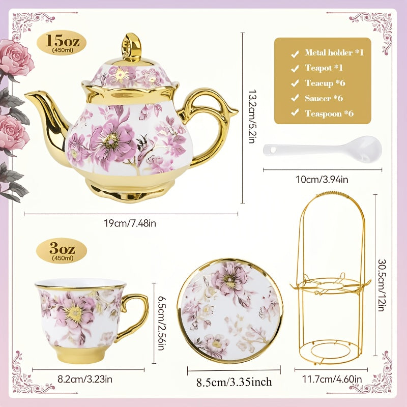 20 Piece Ceramic Tea Set Floral Design – European Afternoon Tea Service with Teapot, Cups, Saucers & Metal Stand – Blooming Style, Gift for Tea Lovers