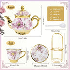 20 Piece Ceramic Tea Set Floral Design – European Afternoon Tea Service with Teapot, Cups, Saucers & Metal Stand – Blooming Style, Gift for Tea Lovers