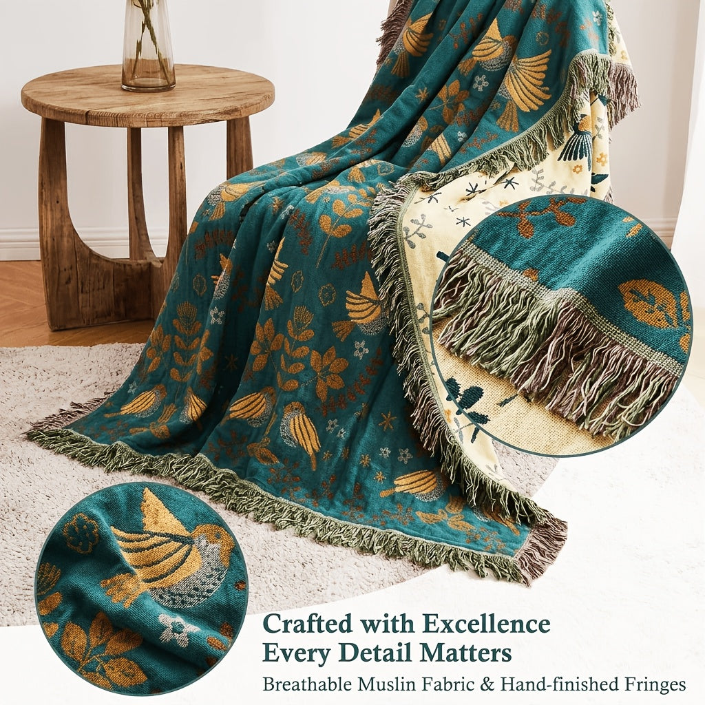 Bird Floral Cotton Throw Blanket Twin Queen King – 100% Cotton Ultra Soft Rustic Quilt, Boho Farmhouse Bed Blanket for Sofa Couch Chair, All Season