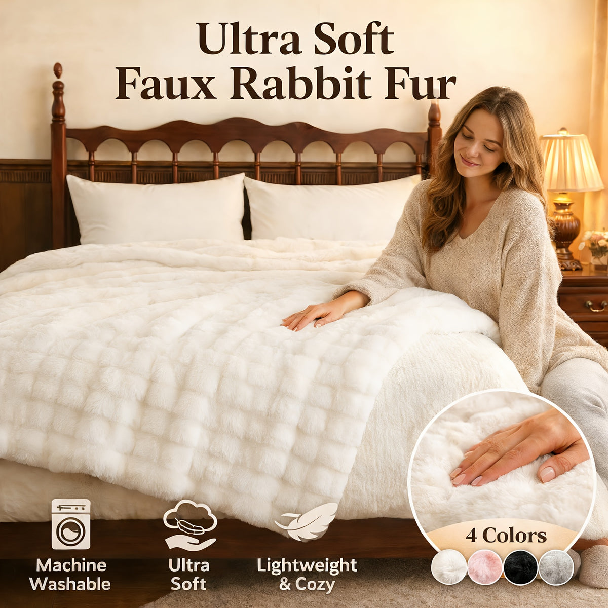 Luxury Faux Rabbit Fur Throw Blanket – Super Soft Plush Warm Blanket for Couch Bed Office Travel, 4 Colors, Throw Twin Queen King, All-Season Gift