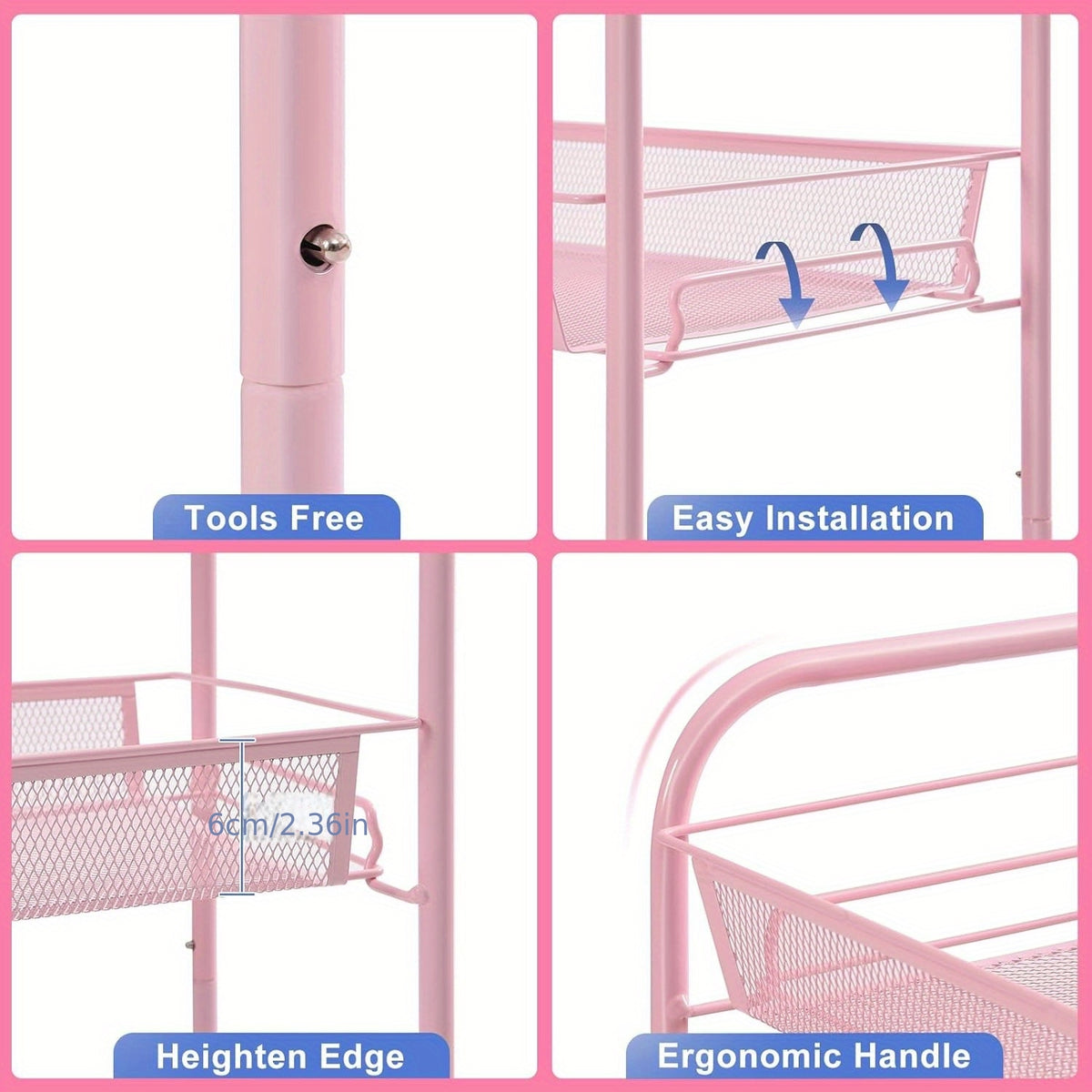 3-Tier Metal Rolling Cart with Wheels - Mesh Wire Utility Storage Trolley with 3 Hooks, Tool-Free Assembly, Rolling Shelving Unit for Kitchen, Bathroom, and Laundry Room