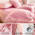 Plush Faux Fur Duvet Cover Set for Kids & Teens, 3/4 Pcs with Pillowcases & Heart Pillow, Super Soft Warm Faux Fur Comforter Cover, Machine Washable Lodge Style Bedding, Twin Queen King